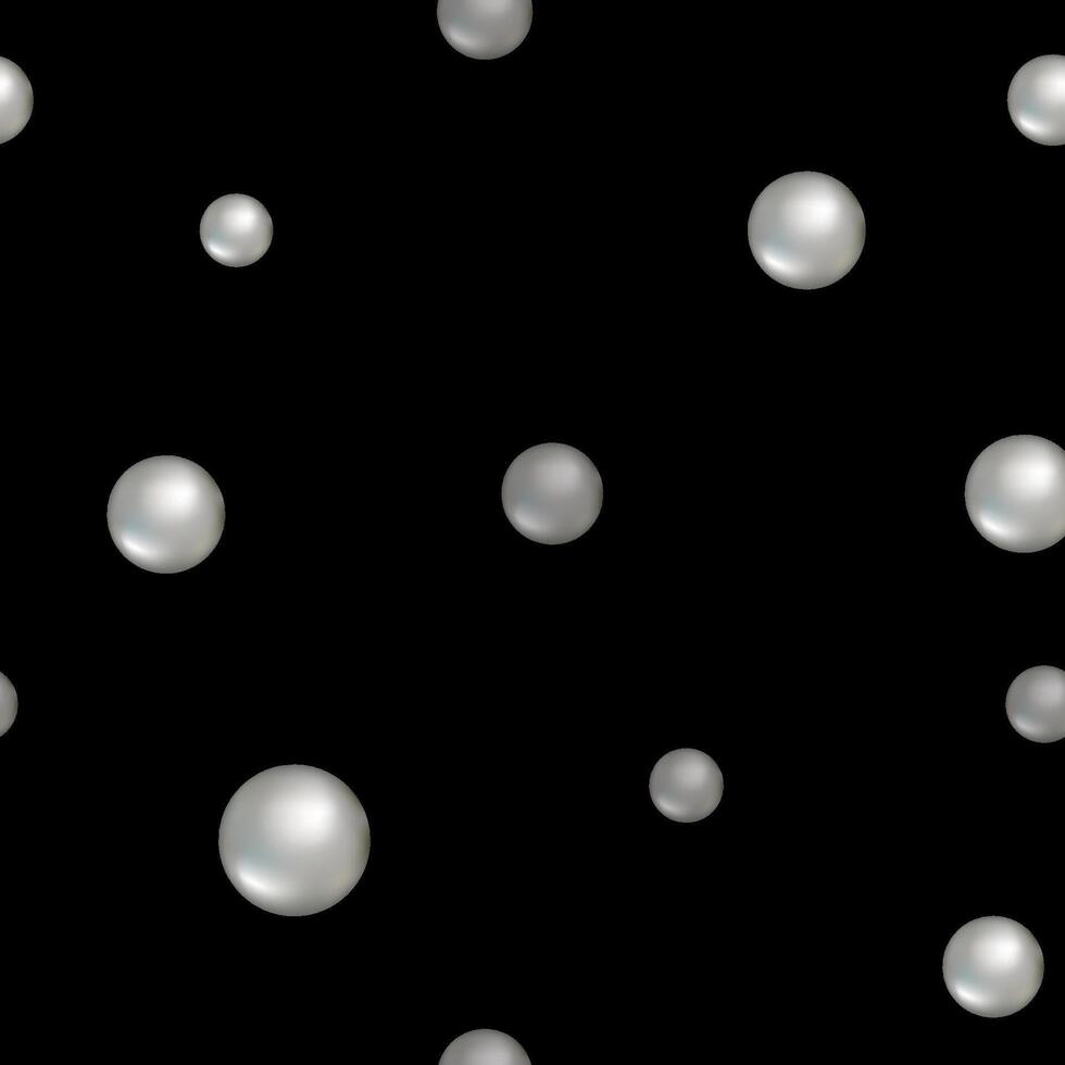 Seamless pattern with realistic pearls of different size isolated on the black background. 3d illustration. vector