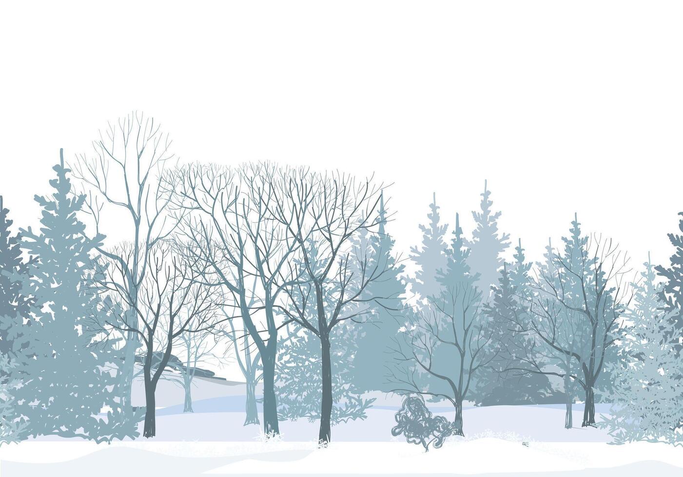 Snowy winter forest seamless pattern. Christmas snow tree border. Tree without leaves on white background. Softwood seamless texture. Winter coniferous landscape seamless wallpaper. vector