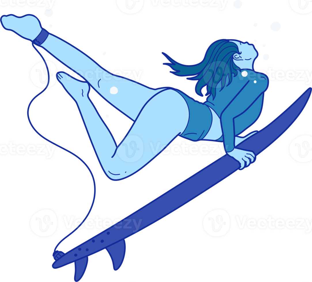 the Illustration of a surfer girl on a surfboard in blue png