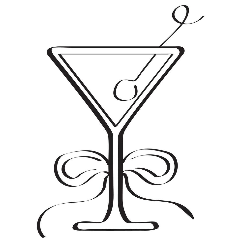 original icon of a martini glass with an olive in it is drawn with a black outline vector
