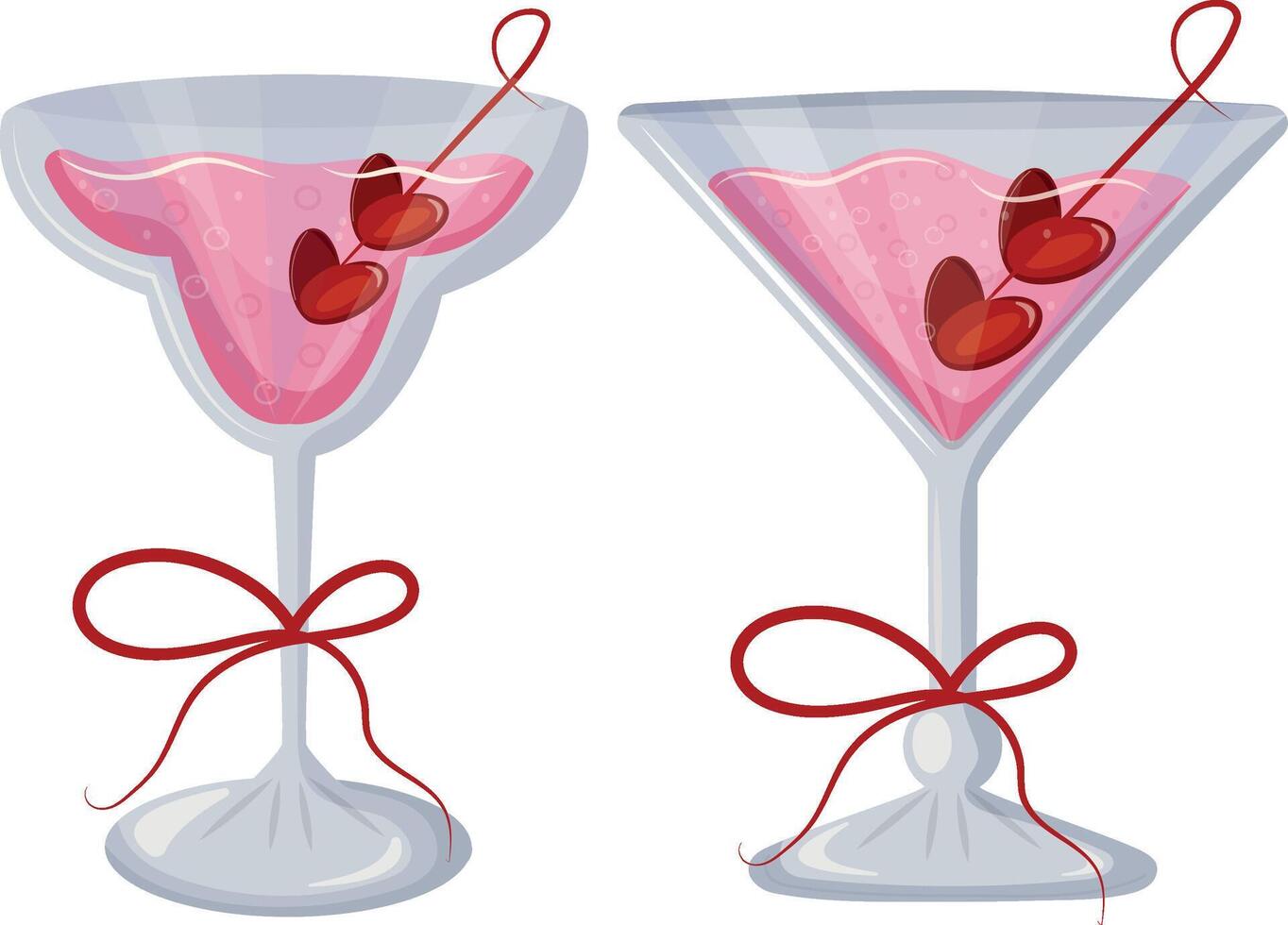 set of martini glasses and bud glass with pink drink and berries in the shape of hearts and red bows, valentine's day design vector