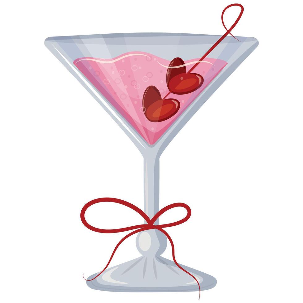 martini glass icon with pink drink and berries in heart shape and red bow, valentines day design vector
