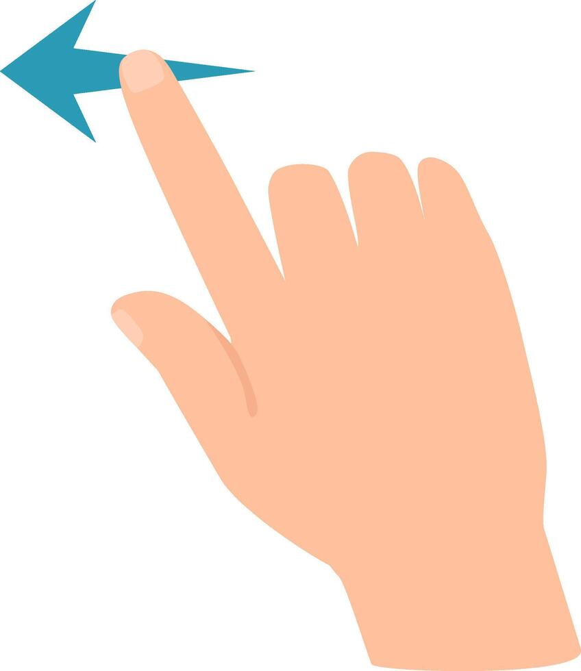 Cartoon hand making a swiping left gesture with the index finger and a blue arrow following the movement, representing navigation, user interface interaction, or decision making vector