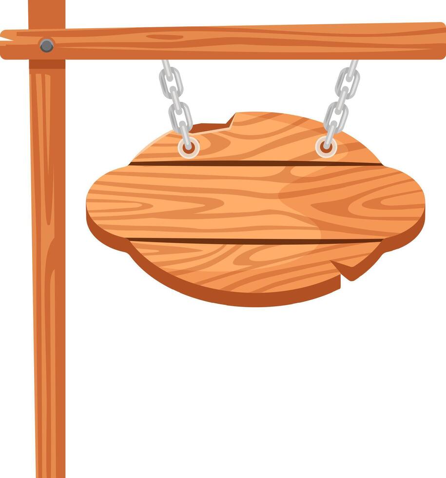 Wooden sign with chains hanging from a wooden pole isolated on a white background, perfect for adding text or graphics, ideal for advertising or decoration vector