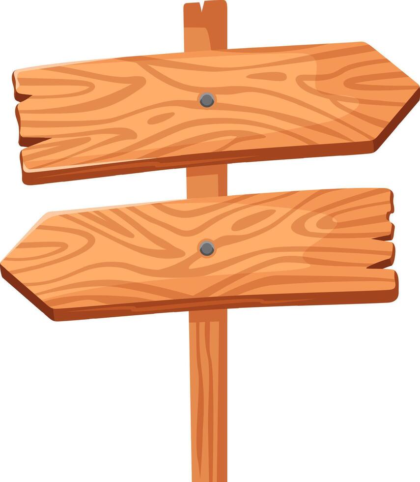 Two weathered wooden arrow signs with nails are pointing in opposite directions, mounted on a single post, creating a simple yet effective wayfinding tool vector