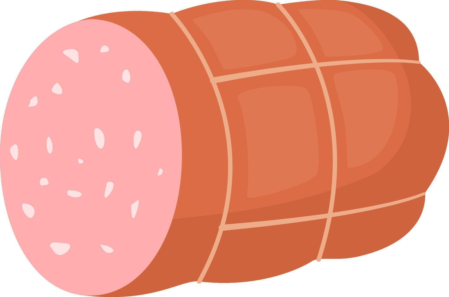 Large sausage roll tied with string, revealing a cross section of pink meat with white speckles, isolated on a white background, perfect for culinary or food related projects vector