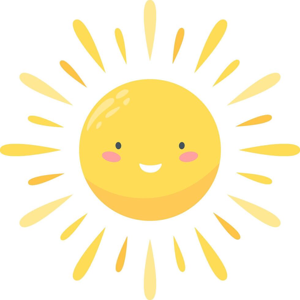 Cartoon sun shining brightly, exuding happiness while spreading warmth and joy. Radiating positivity and good vibes, creating a cheerful atmosphere on a sunny day vector