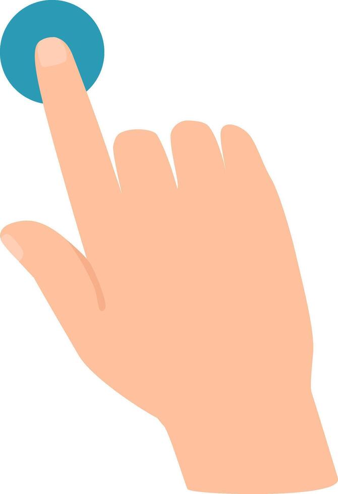 Right hand with index finger extended is touching a circular button, symbolizing interaction with a digital interface, activating a function or making a selection vector