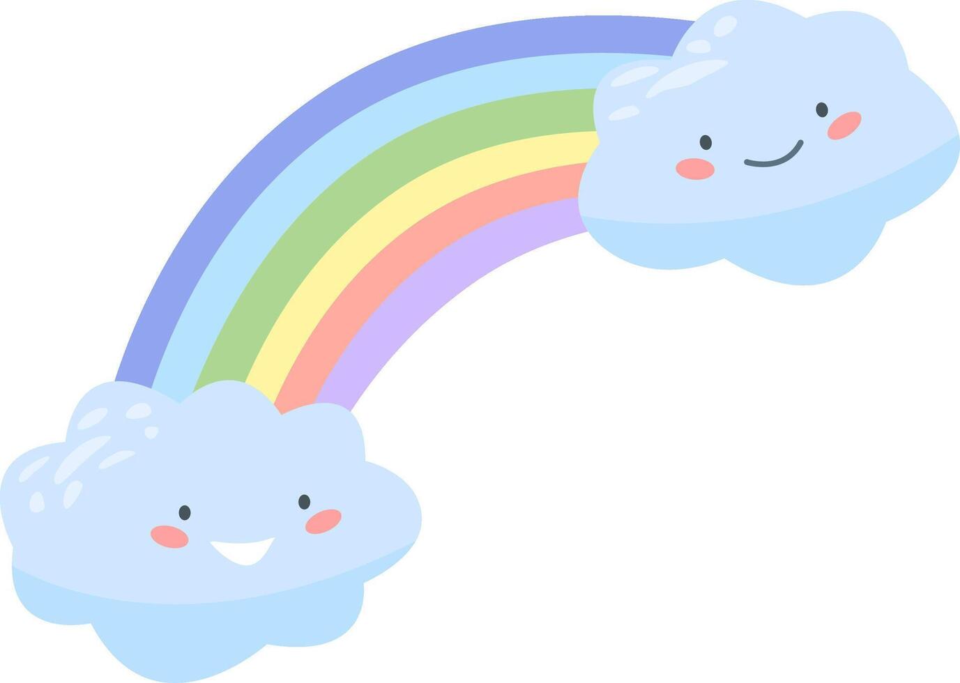 Two happy clouds are smiling and connected by a bright rainbow in this cheerful illustration, perfect for children's designs and projects related to weather, happiness, and imagination vector