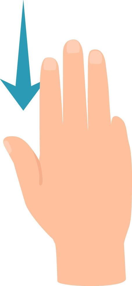 Cartoon hand scrolling down with three fingers, with a big blue arrow pointing down near them, representing using a touchscreen or a touchpad vector