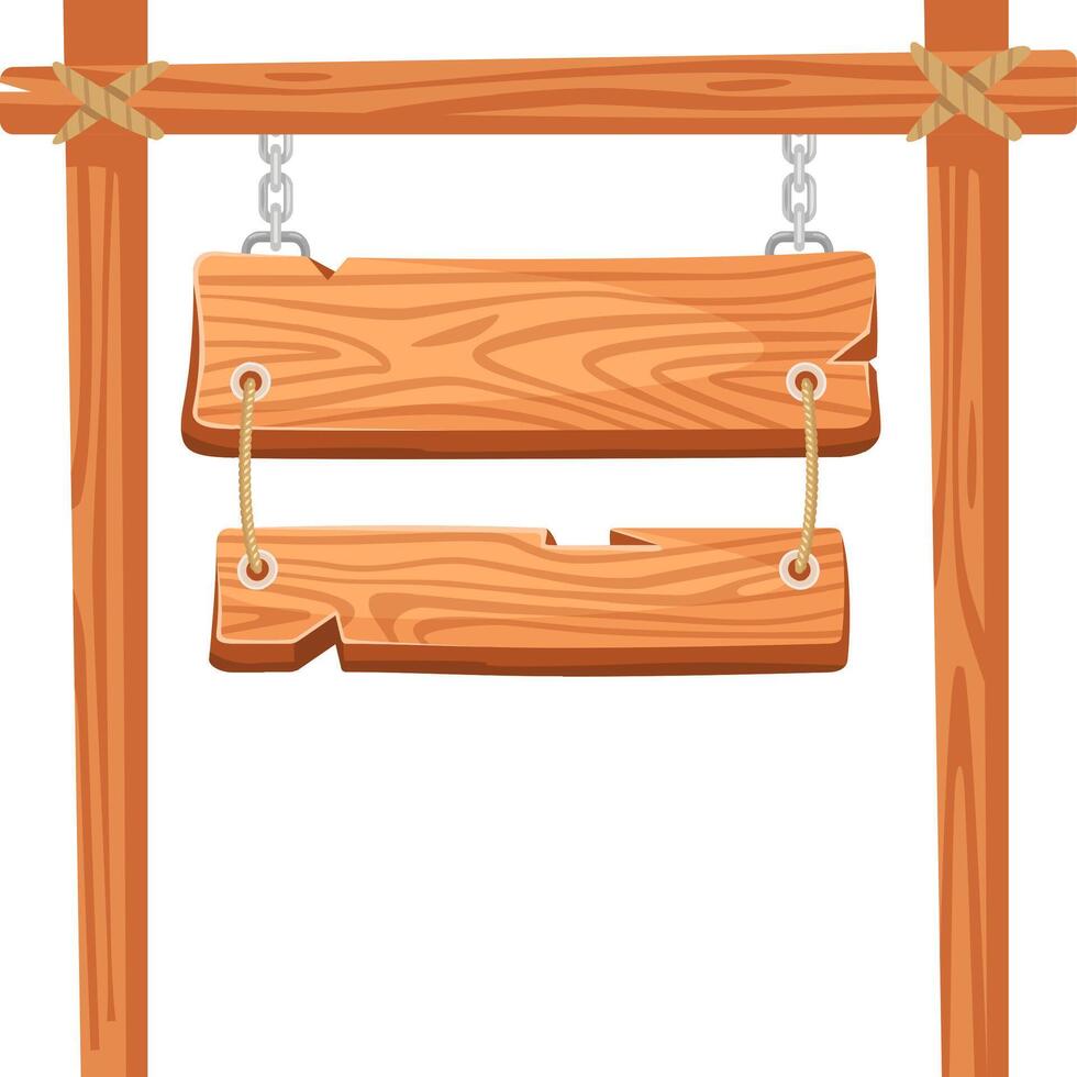 Two wooden planks hanging from sturdy metal chains and ropes, supported by additional wooden ties, create a perfect backdrop for displaying text or directional information vector