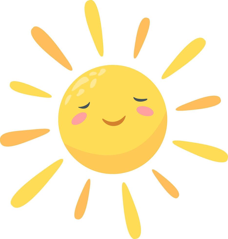 Cartoon sun with closed eyes and a charming smile radiates warmth and happiness, shining brightly in a cheerful, vibrant display of yellow and orange hues vector