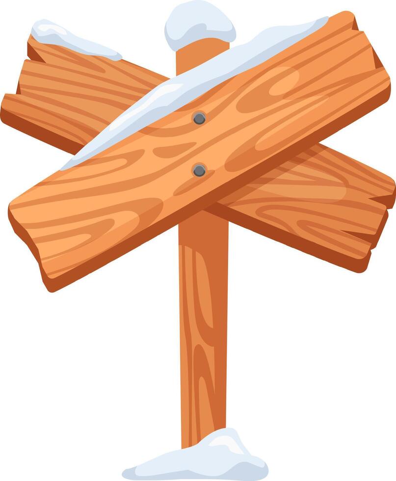 Two crossed wooden planks, blanketed in snow, forming a signpost that points in various directions, perfectly capturing the essence of winter travel and exploration themes vector