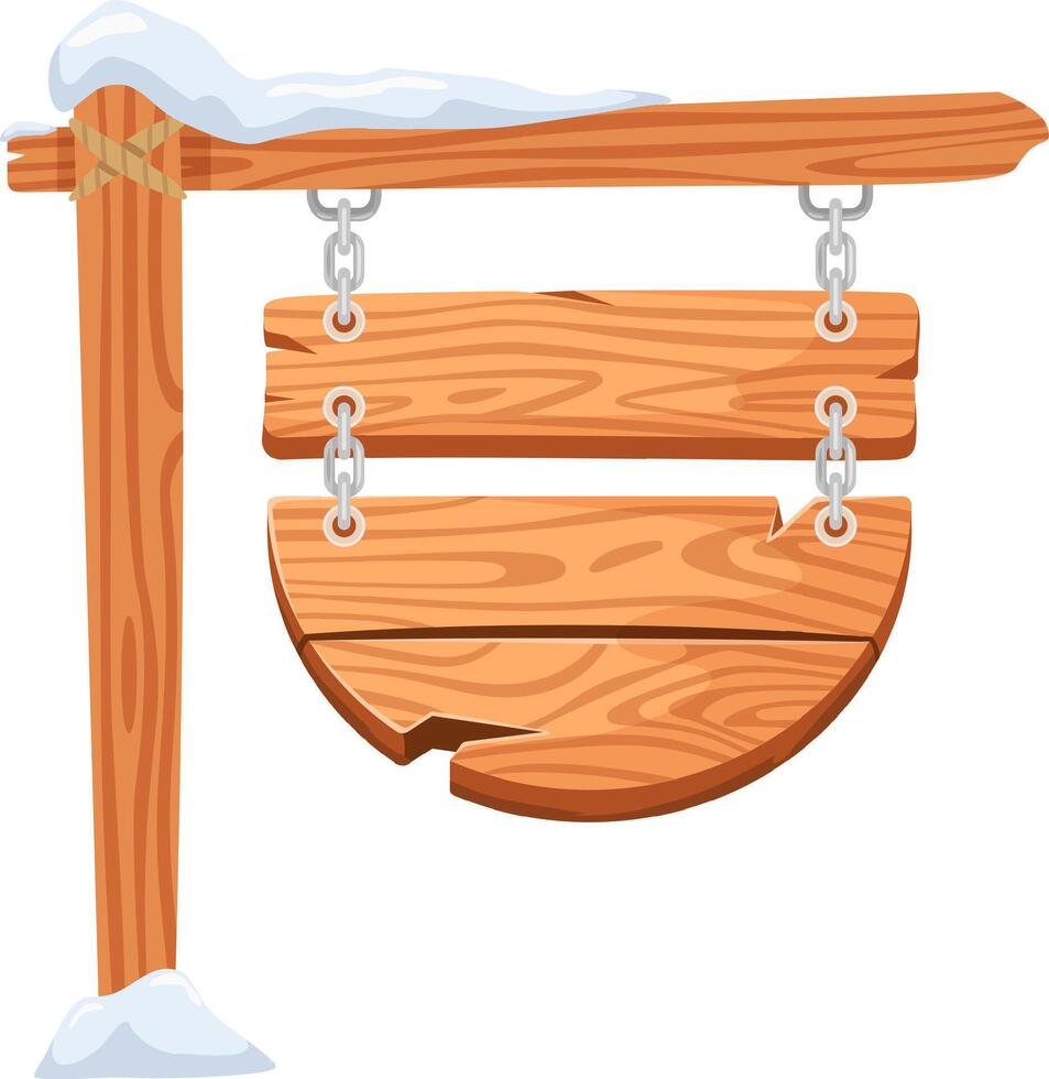Wooden sign adorned with snow, hanging from a rustic wooden pole using metallic chains and rope, perfect for enhancing winter and Christmas themed projects and decorations vector