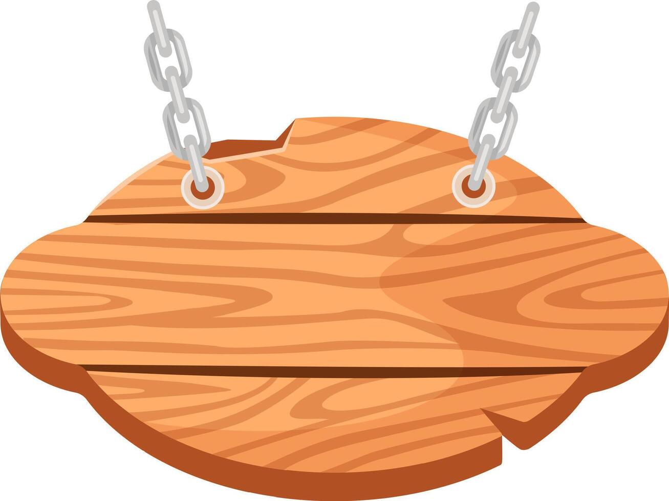 Oval wooden signboard with rounded edges is hanging from two metal chains on white background, creating a rustic and inviting display for text or graphics vector
