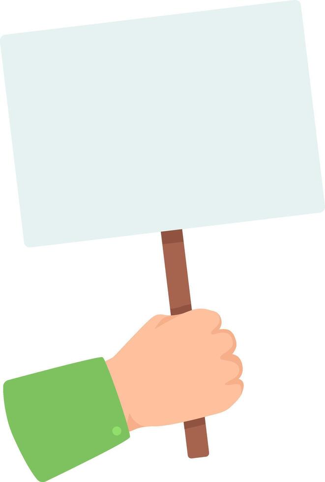 Hand firmly grasping a blank placard with a wooden stick, ready for protest, announcement, or advertisement, isolated on a white background vector