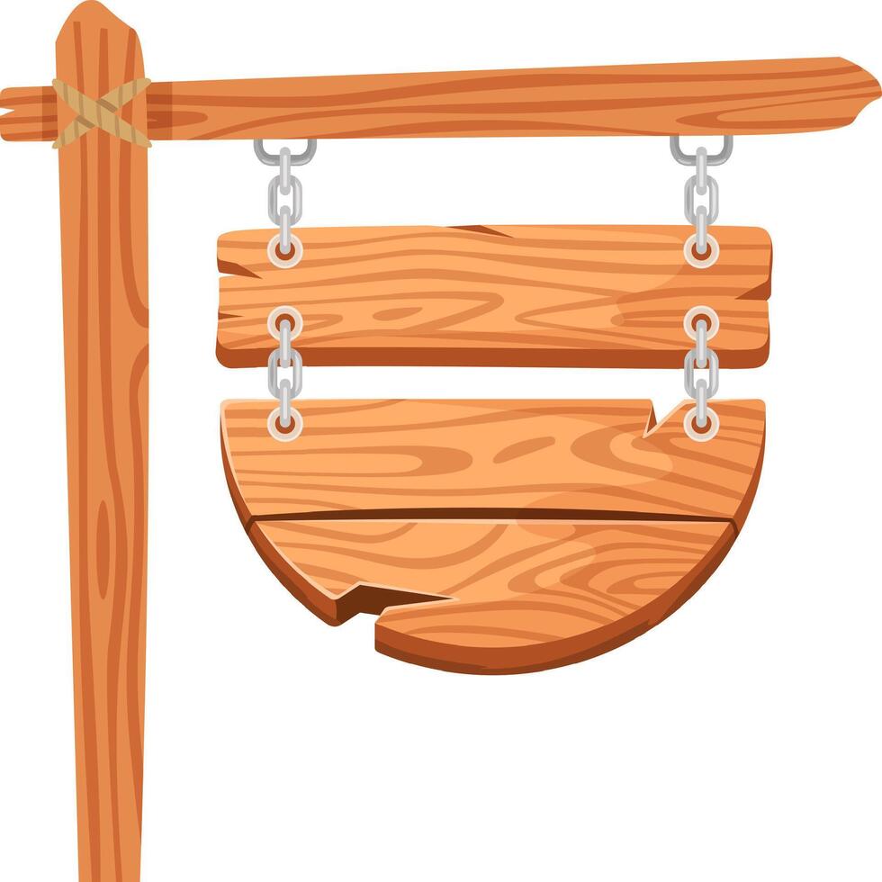 Wooden sign crafted from planks, featuring a half circle shape, hanging from a wooden pole with chains and rope, ideal for conveying advertisements or providing directions vector
