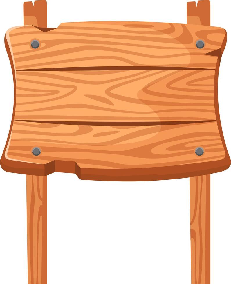 Wooden planks, skillfully assembled and secured with nails, create a blank sign featuring a rich wood grain. Supported by two sturdy poles, the sign stands isolated against a white background vector
