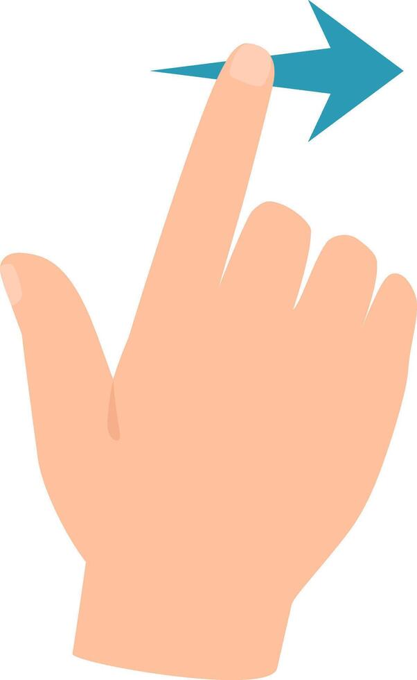 Right hand extending with index finger touching a forward arrow, representing a swipe right gesture, set against a clean white background for clarity and focus vector