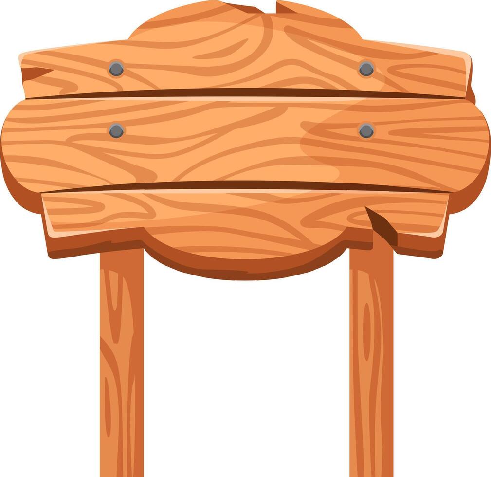 Wooden sign made of light brown planks with nails indicating a direction, path or warning, hanging on two poles, isolated on white background vector