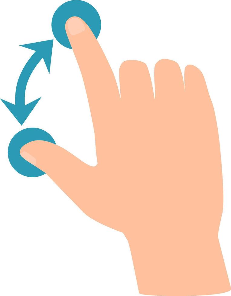 Cartoon hand scrolling on a touchscreen with an index finger, accompanied by two arrows indicating the direction of movement, symbolizing user interaction with digital devices vector