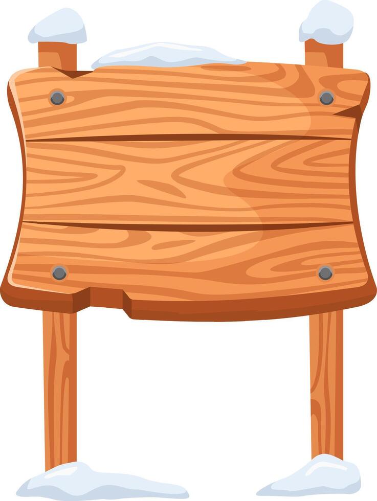 Wooden sign covered in snow at the top and bottom, supported by two wooden poles, set against a white background, providing ample space for text and messages vector