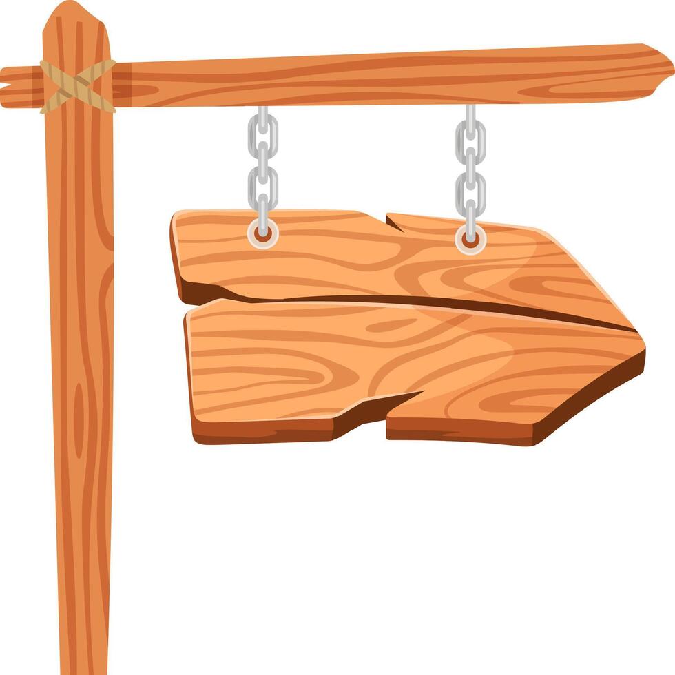 Wooden arrow sign featuring ample copy space, hanging from metal chains on a rustic wooden post, with a rope elegantly wrapped around it, set against a clean white background vector