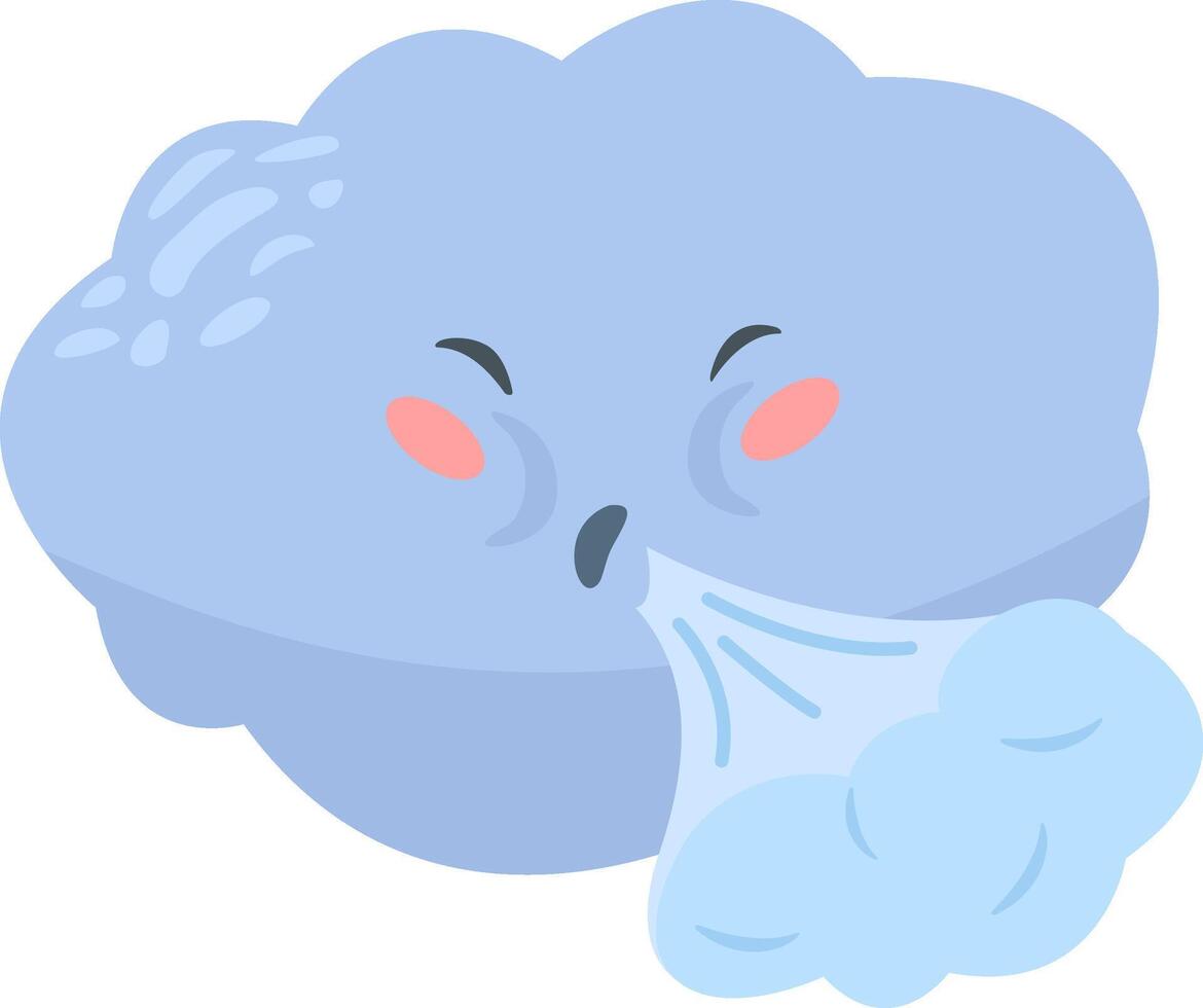 Cartoon cloud is blowing cold wind with its mouth, creating a gust of air, ideal for representing weather, meteorology, winter, or a funny character vector