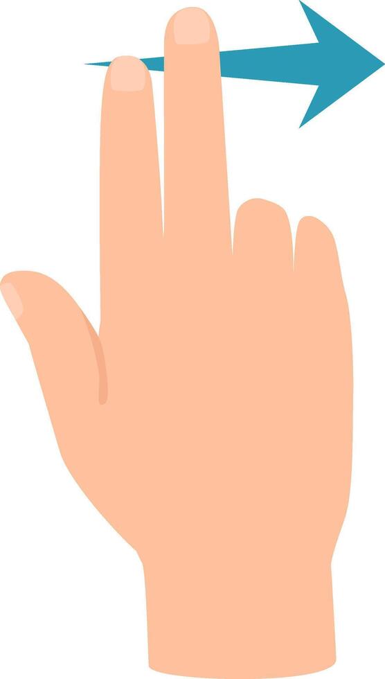 Open hand using two fingers to scroll horizontally across a touchscreen, accompanied by a blue arrow indicating the direction of movement from left to right vector