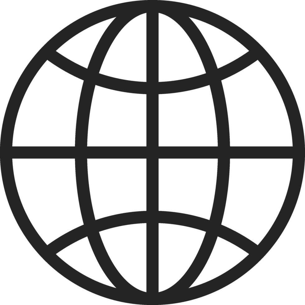 Simple black and white globe icon symbolizing global communication, international business, and worldwide connectivity in a minimalist design vector