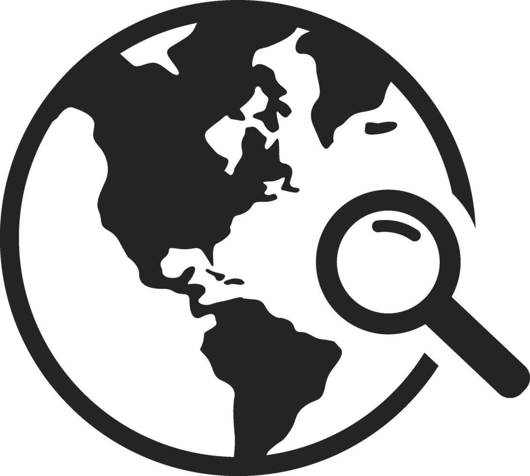 Minimalist illustration of a magnifying glass inspecting planet earth, representing concepts like global research, exploration, analysis, and discovery vector