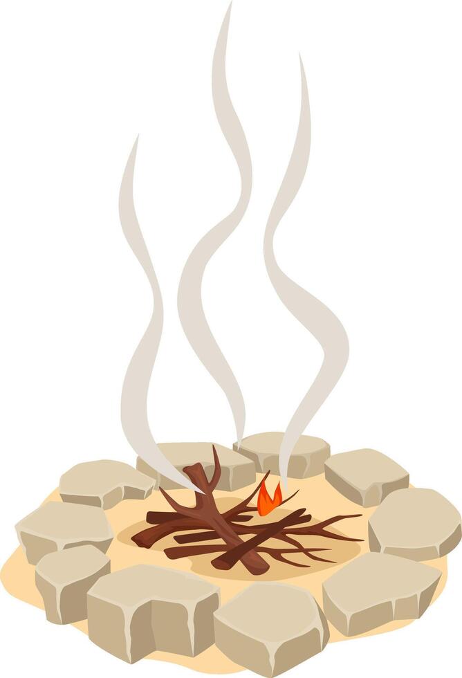 Bonfire burning brightly, with smoke rising and dancing into the night sky, surrounded by rugged rocks on warm sand, creating a cozy atmosphere perfect for camping and outdoor gatherings vector