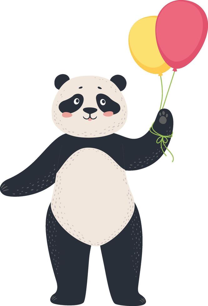 Adorable panda bear holding two colorful balloons, celebrating a birthday or special occasion, bringing joy and festive cheer with its charming presence vector