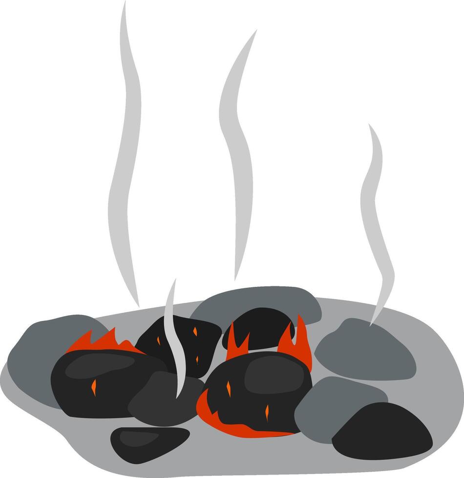 Glowing embers nestled among gray stones emit swirling plumes of smoke, crafting a mesmerizing scene against a clean white backdrop, evoking warmth and energy vector