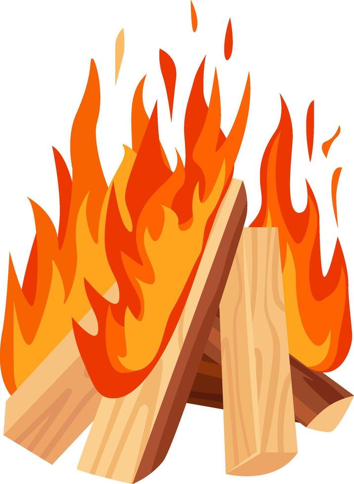Bonfire burning brightly with vibrant flames made of wooden logs, creating a warm and cozy atmosphere perfect for camping and outdoor recreation against a white background vector