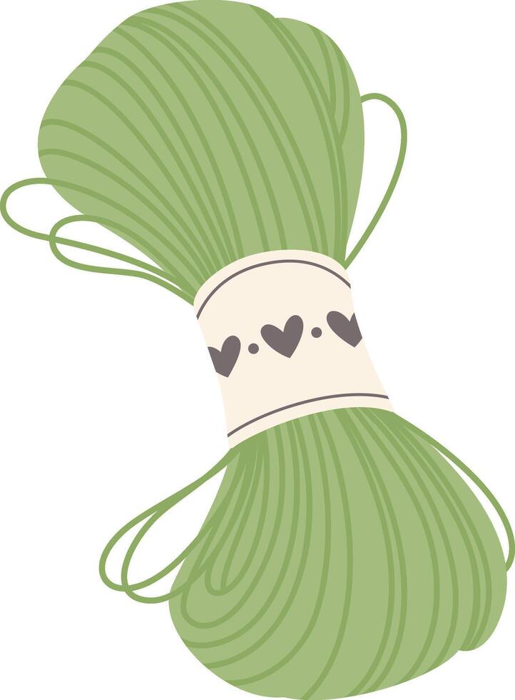 Green yarn skein adorned with a heart patterned label rests on a white background, inviting creative knitting or crochet projects for cozy, handmade creations vector