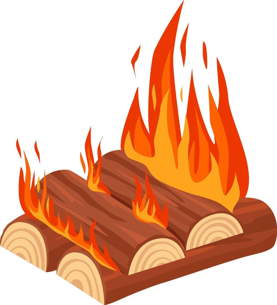 Bonfire roaring with large flames dancing over three sturdy wooden logs, creating a cozy and inviting atmosphere ideal for camping trips or outdoor gatherings with friends vector