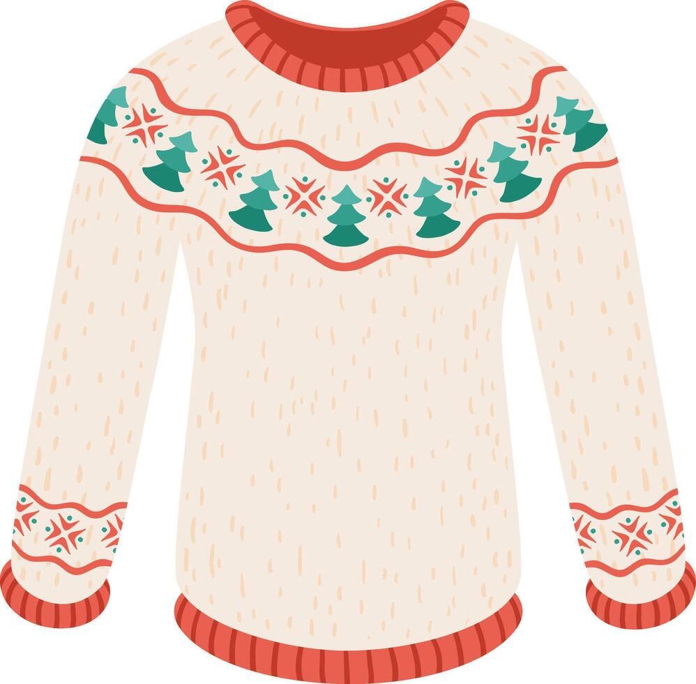 Warm Christmas sweater featuring a pattern of green trees and red snowflakes, perfect for winter holiday celebrations, isolated on a white background vector