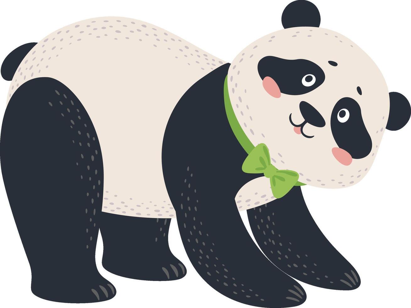 Playful and adorable panda bear wearing a stylish green bow tie is stretching its paws, showcasing its charming personality and adding a touch of elegance to its natural grace vector