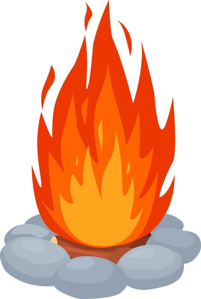 Bonfire burning with high flames over white background surrounded by rocks, perfect illustration for camping, scouting and outdoor activities vector