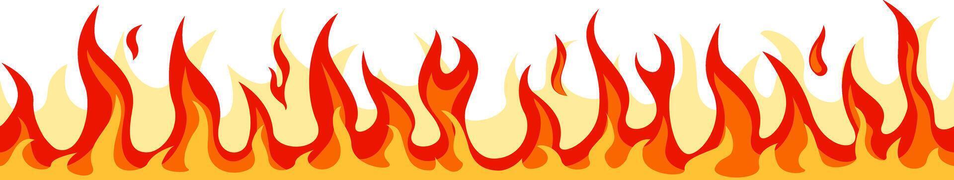 Seamless horizontal pattern of realistic cartoon fire flames burning brightly with red, orange and yellow colors against a white background, creating a vibrant and energetic visual vector