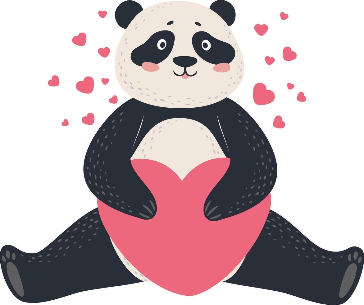 Adorable panda embracing a large pink heart while small hearts float around, creating a heartwarming scene of love and affection, perfect for Valentine's Day or any occasion celebrating love vector