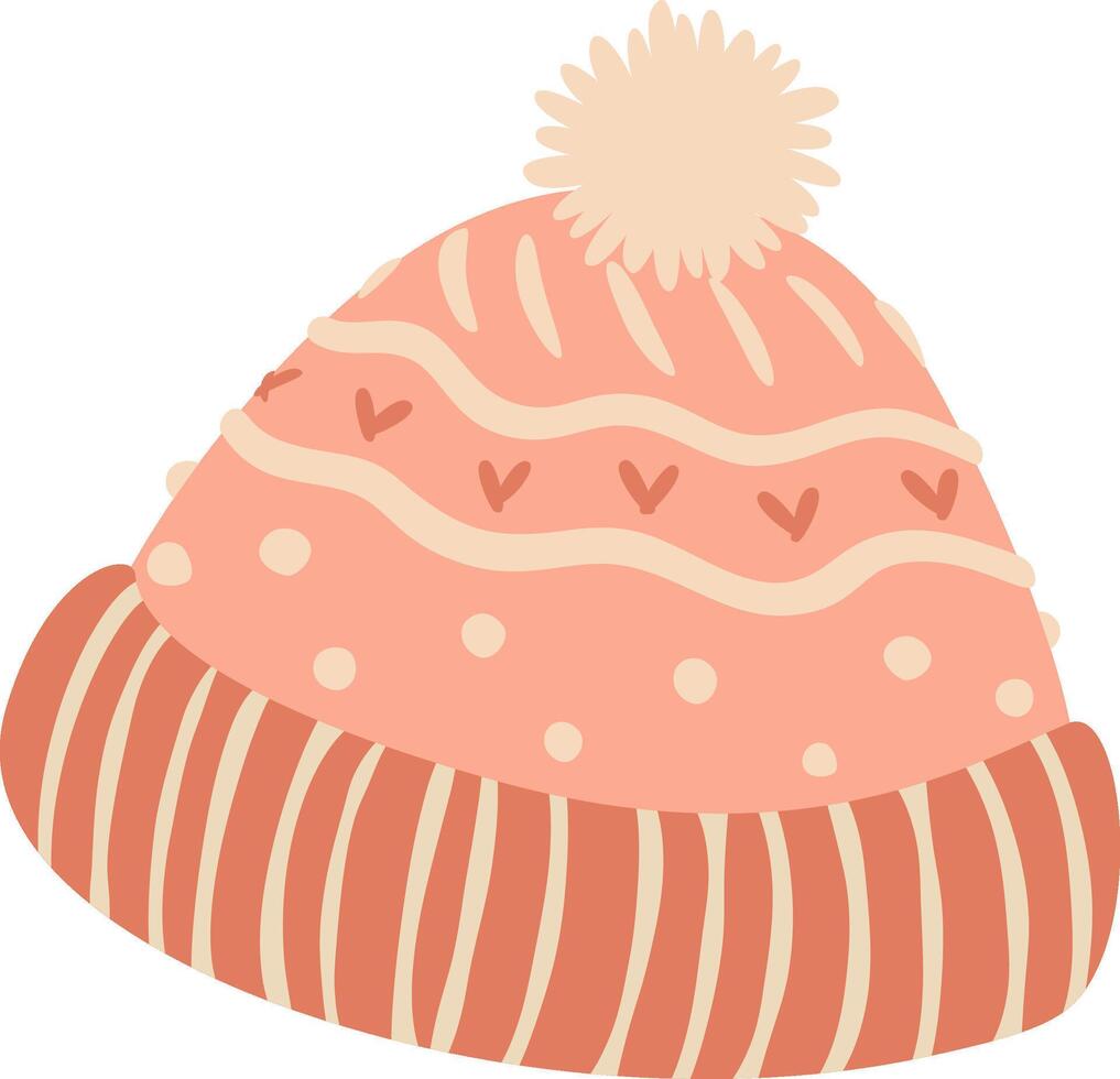 Warm and cozy pink winter hat featuring a fluffy pompom, adorned with charming hearts and playful stripes, offering both comfort and style for chilly winter days vector