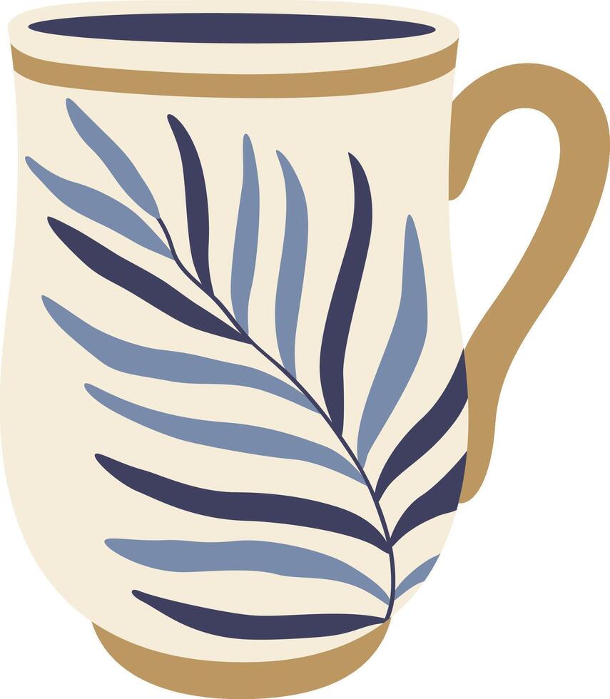 Trendy ceramic mug with a minimalist blue leaf design and golden accents adds a touch of nature to your daily coffee or tea ritual, perfect for showcasing in modern kitchens and cozy cafes vector
