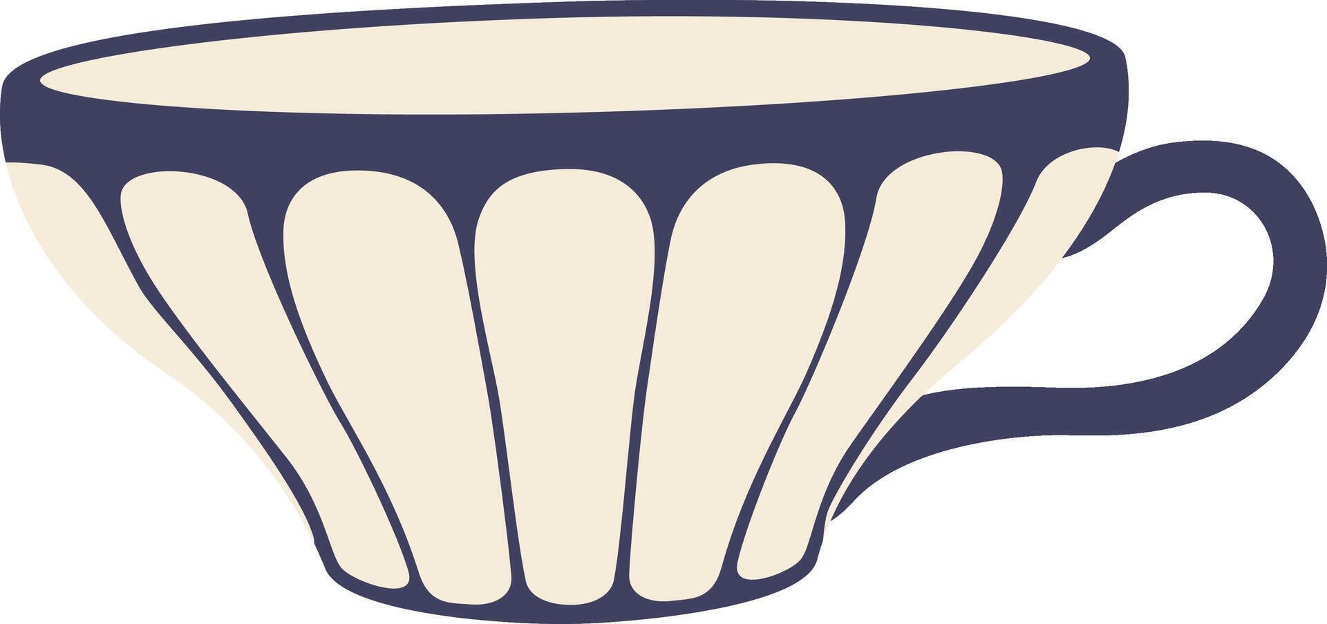 This stylish teacup features a unique fluted design and a contrasting dark blue rim, adding a touch of vintage charm to any tea party or coffee break vector