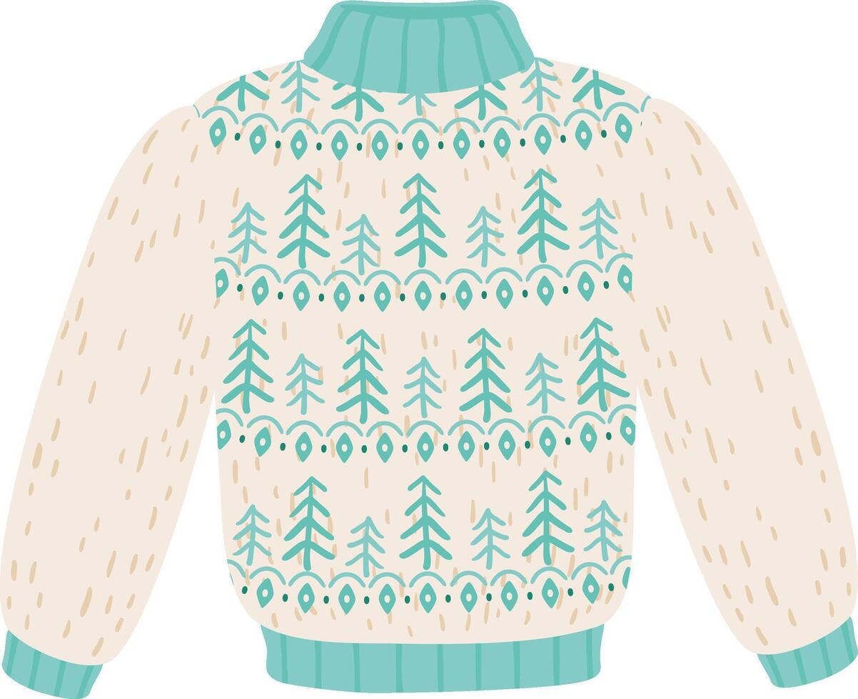 Warm knitted christmas sweater with fir trees and winter ornament is lying on white background, perfect for winter holidays, cozy clothing and seasonal fashion vector