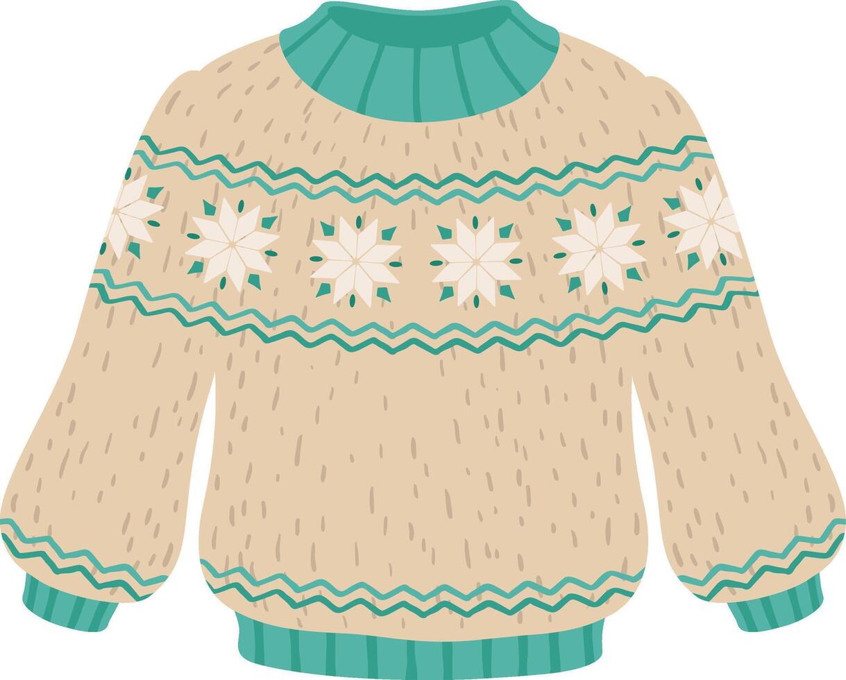 Cozy Christmas sweater featuring a delightful snowflake pattern and vibrant turquoise accents, offering warmth and comfort during festive winter celebrations and holiday gatherings vector