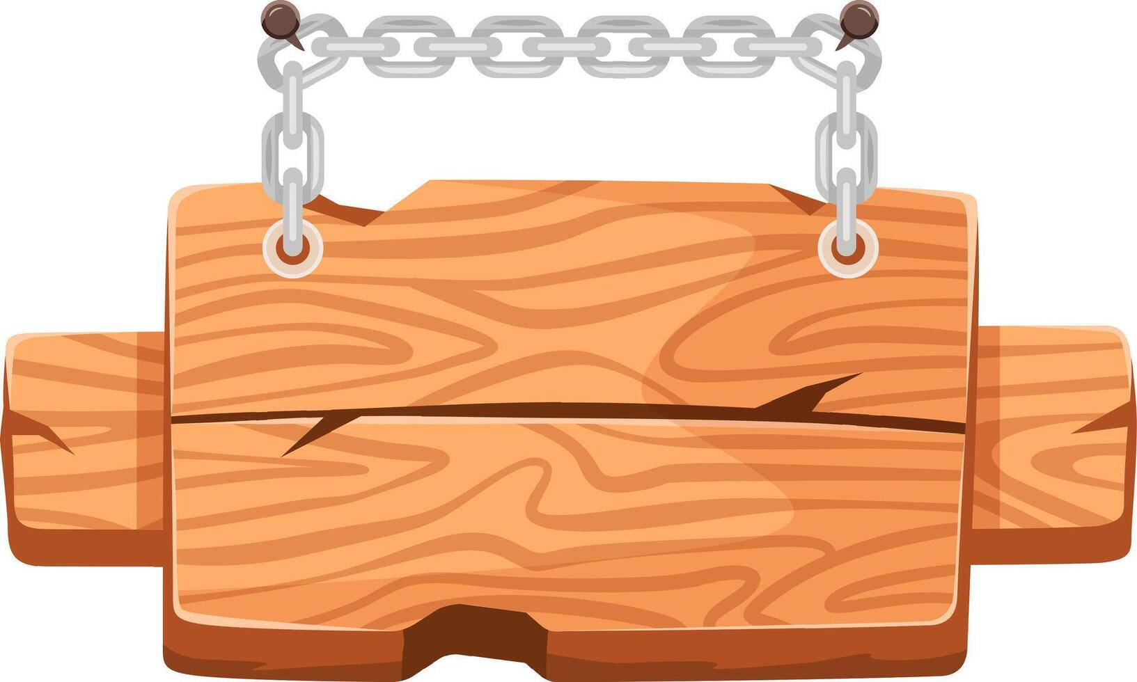 Wooden signboard hanging from a metal chain fixed with nails, creating a rustic and versatile background perfect for displaying messages and announcements vector