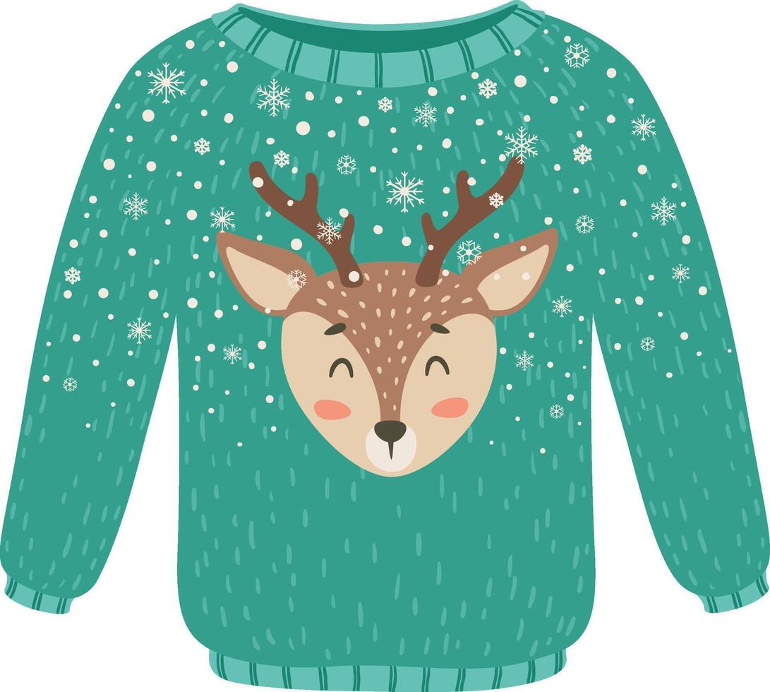 Cozy green Christmas sweater featuring a charming reindeer face surrounded by playful snowflakes, creating a delightful look for festive celebrations and joyful winter holidays vector