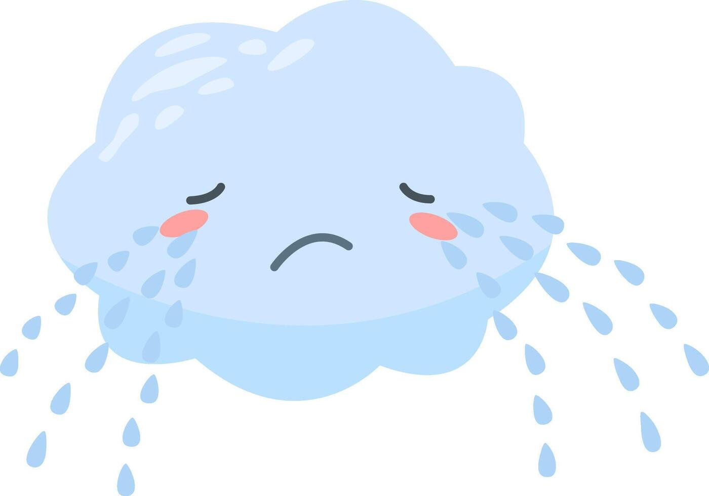 Light blue cartoon cloud with a sad face crying, releasing raindrops that fall gently down, capturing the essence of rainy weather and expressing a gloomy mood vector